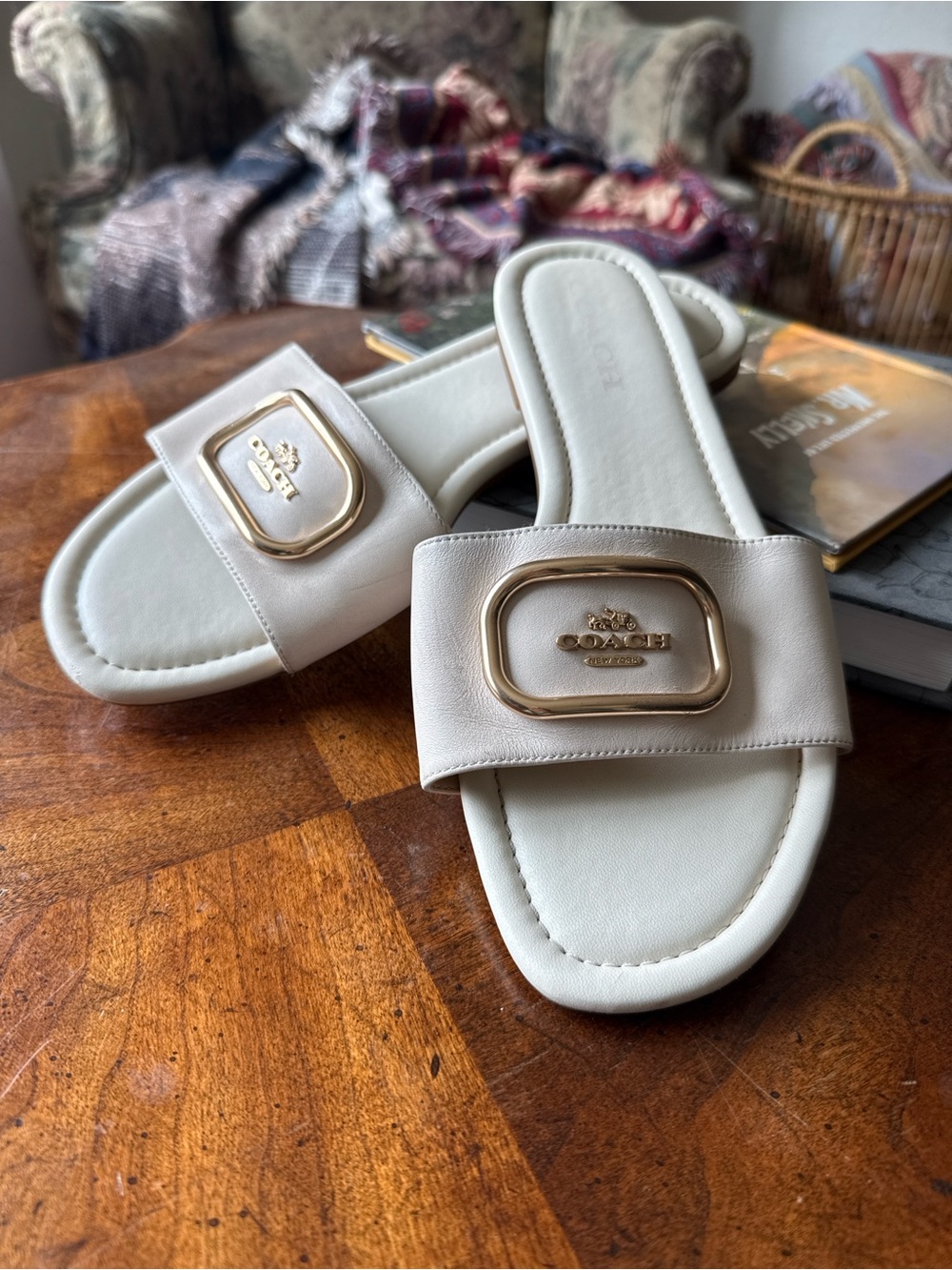 Coach Cream Slide Sandals with Gold Logo Accent